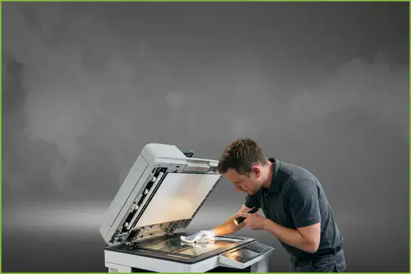Technicien en intervention sur un photocopieur